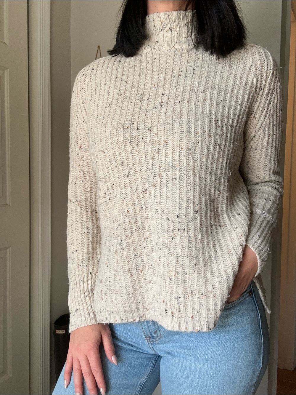 Architect Wool Blend Cream Speckled Ribbed Turtleneck Sweater